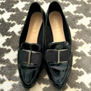 Aldo Black Patent Leather Loafers 8 Pointed Toe Bow Classic Casual